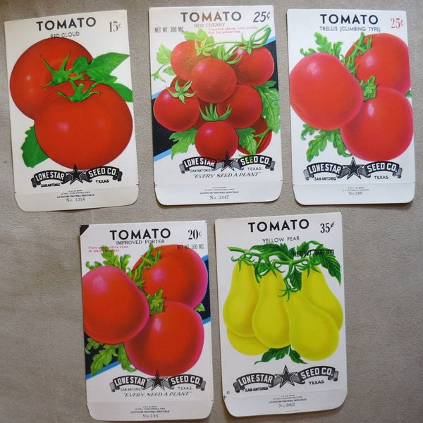 Garden Collectibles: Vintage Seed Package Set 2 of 5 Vintage Tomato Seed Packs (No Seeds - Collectible Pack Only)